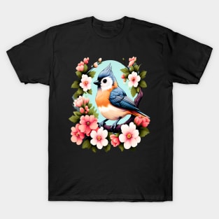 Cute Tufted Titmouse Surrounded by Vibrant Spring Flowers T-Shirt